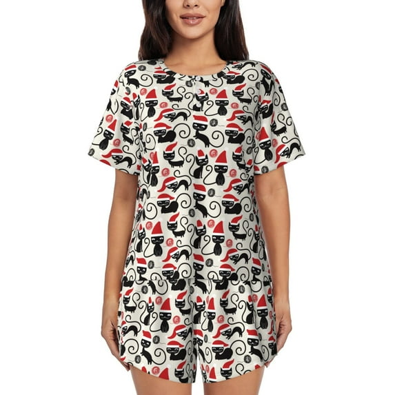 Naloa Christmas Cat Women's Short-Sleeved Pajama Set, Loungewear, Summer pajamas, Breathable Cozy - 3X-Large