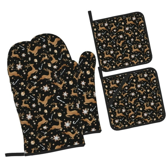 Naloa Christmas Cookie Reindeer Oven Mitts and Pot Holders 4 pcs Set, Cooking Baking Grilling Kitchen Oven Glove for Cooking