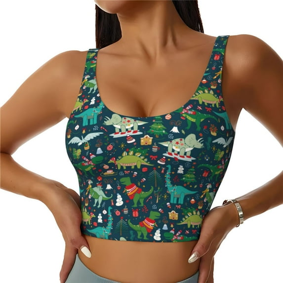Naloa Christmas Dinosaur colorful Sports Bras for Women,Sports Bras for Women High Support with Removable Pads-Small