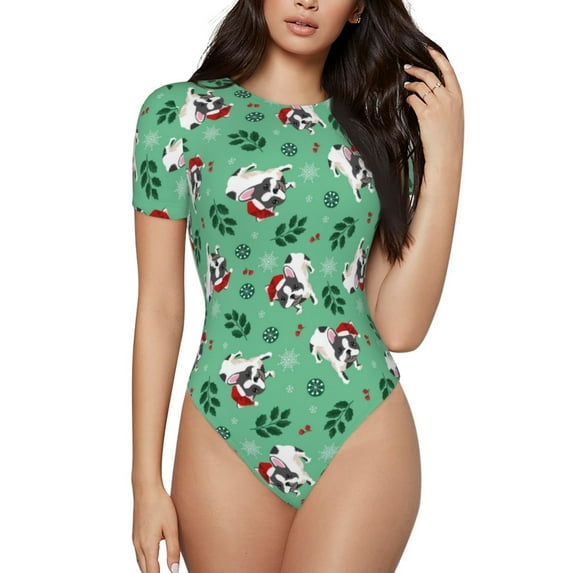 Naloa Christmas French Bulldog Women's Short-Sleeved Onesie, One-Piece Swimsuit for Parties, dates, clubs - Medium