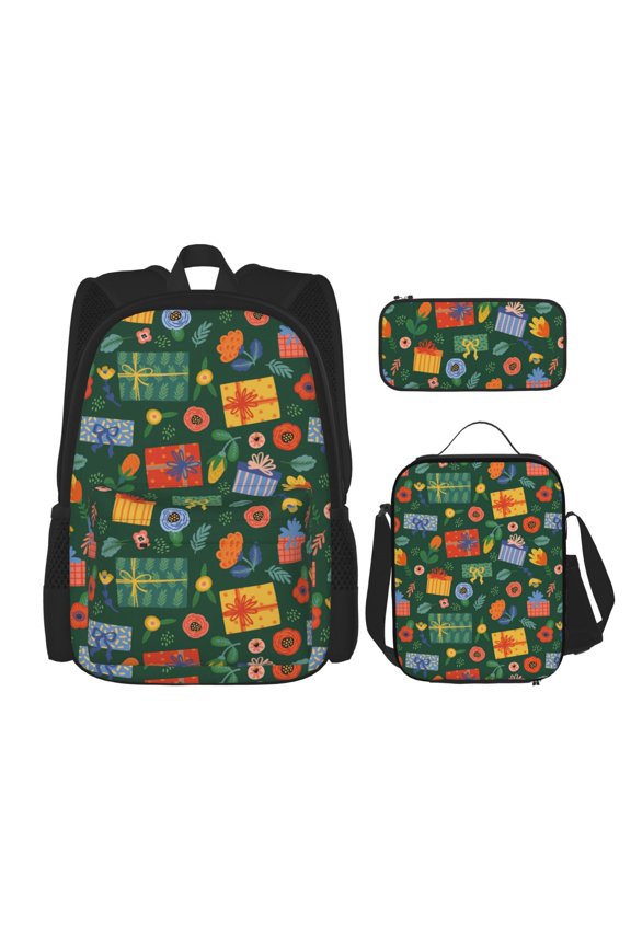 Christmas Gift Print Large Capacity Backpack Lunch Bag Pencil Case Combination 3 Piece Set for Student
