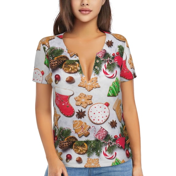 Naloa Christmas Gingerbread Cookies Print T-Shirts Short Sleeve V Neck Tees for Women Fashion Tops Trendy Lightweight Soft Casual Summer Outfits Clothes