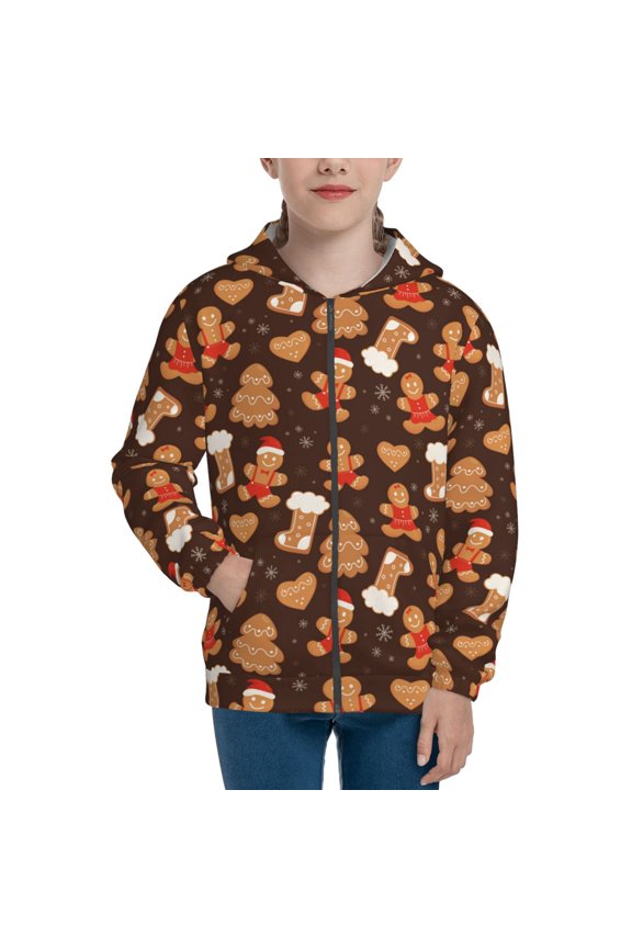 Christmas Gingerbread Cookies Teenage Zipper Hoodie, Long Sleeve Zip Up Hoodies Casual Jackets Tops for 7-12 Years-Small