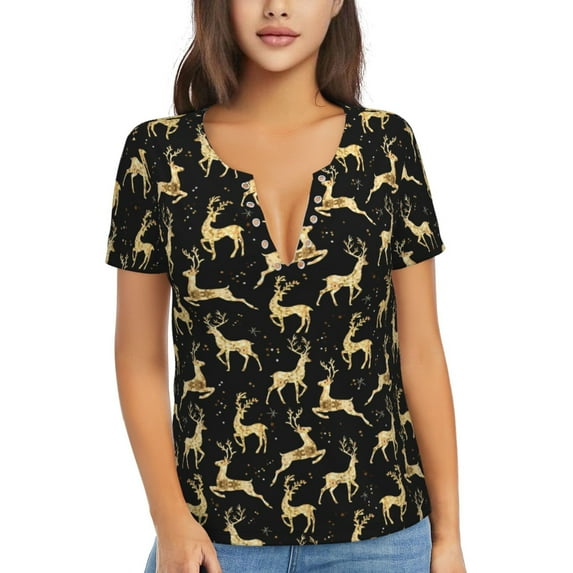 Naloa Christmas Gold Deers Print T-Shirts Short Sleeve V Neck Tees for Women Fashion Tops Trendy Lightweight Soft Casual Summer Outfits Clothes