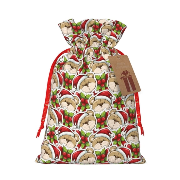 Naloa Christmas Hat bear Drawstring Christmas Bags, 3D Xmas Gift Bags, Christmas Wrapping Bags, Xmas Goodie Bags, Treat Pouch Bags, Party Favor Bags-Medium