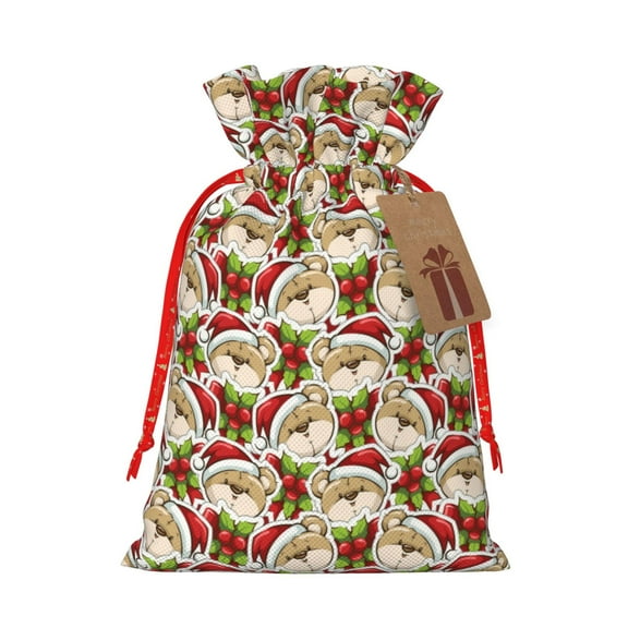 Naloa Christmas Hat bear Drawstring Christmas Bags, 3D Xmas Gift Bags, Christmas Wrapping Bags, Xmas Goodie Bags, Treat Pouch Bags, Party Favor Bags-Small