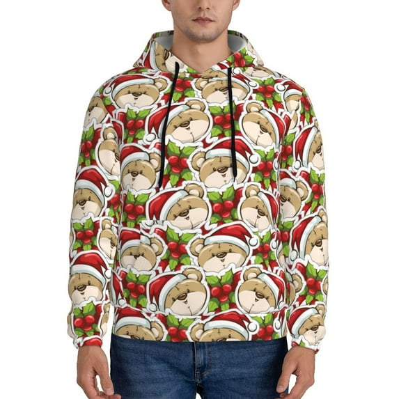 Naloa Christmas Hat bear Men's Casual Hooded Collar Drawstring Hoodies Pullover Sweatshirts Casual Long Sleeve Shirts-4X-Large