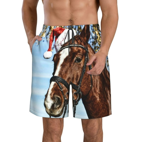Naloa Christmas Horse Men's Beach Shorts, Surfing shorts, Swim trunks, Quick Dry Swim Trunks for Surfing Beach Fun - Large