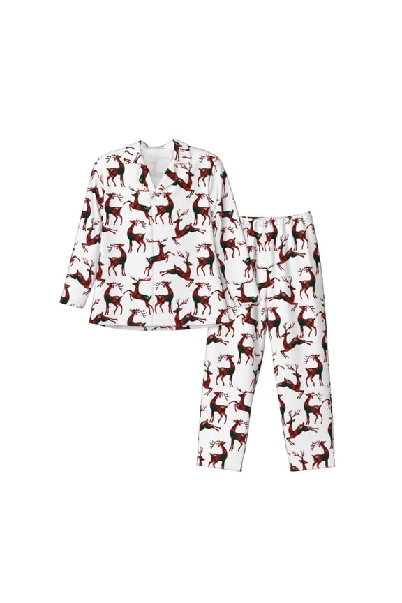 Christmas Plaid Moose Men’s Pajamas Set - Long Sleeve Button Down Sleep Shirt and Pajama Bottoms Sleepwear Set-Medium