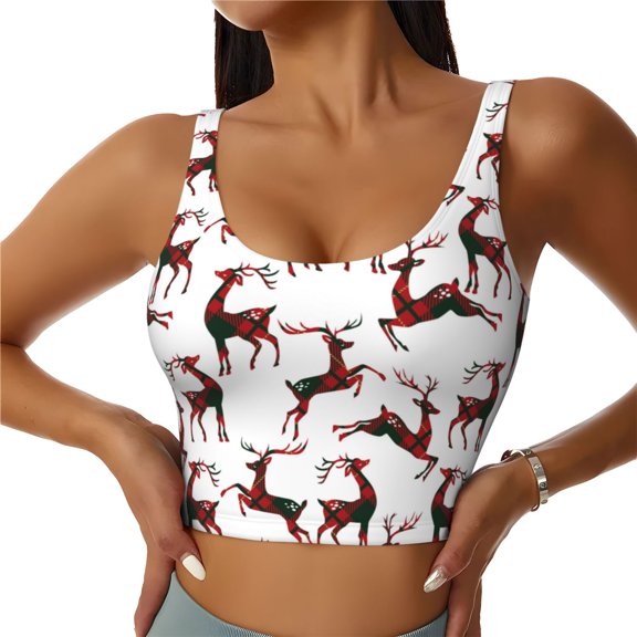 Naloa Christmas Plaid Moose Sports Bras for Women,Sports Bras for Women High Support with Removable Pads-X-Large