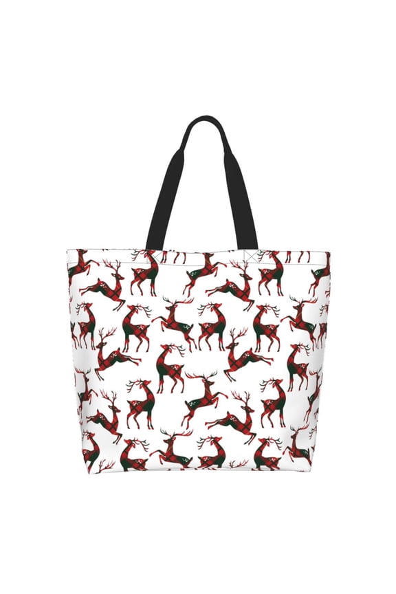 Christmas Plaid Moose Tote Bag for Women Large Capacity Shoulder Bag for College Work Travel Shopping