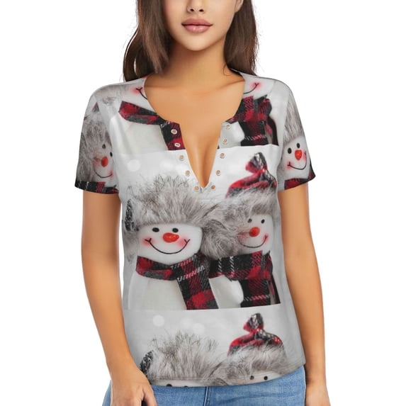 Naloa Christmas Snowman With Hat Print T-Shirts Short Sleeve V Neck Tees for Women Fashion Tops Trendy Lightweight Soft Casual Summer Outfits Clothes