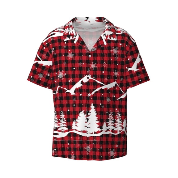 Naloa Christmas Tree Buffalo Plaid Men's Loose Fit Cuban Collar Short-Sleeve Shirt with Button-down and Chest Pocket for Everyday Wear Outings - Small
