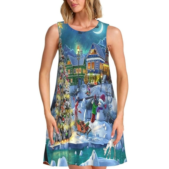 Naloa Christmas Tree Print Women's Summer Spring Casual Beach Sundress,Vacation Sleeveless Tank Crewneck Loose Dresses