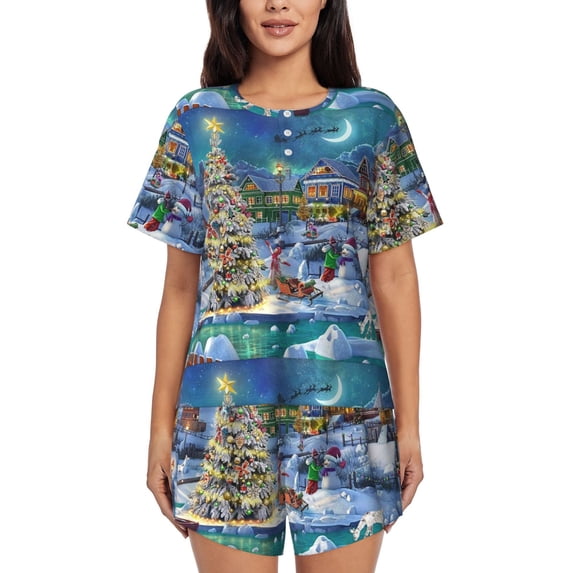 Naloa Christmas Tree Women's Short-Sleeved Pajama Set, Loungewear, Summer pajamas, Breathable Cozy - Medium