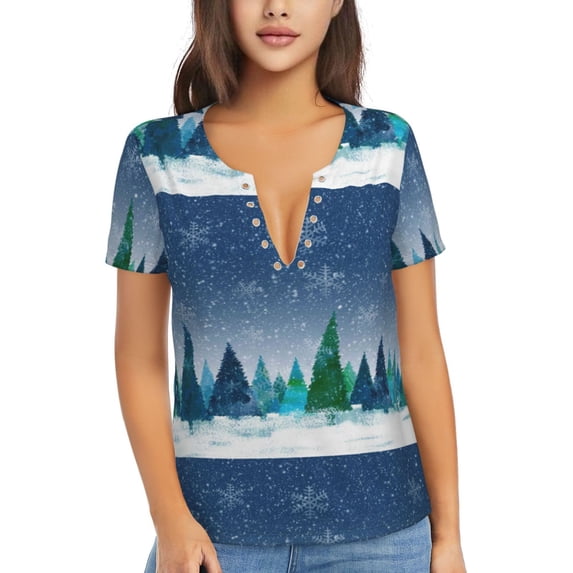 Naloa Christmas Trees Print T-Shirts Short Sleeve V Neck Tees for Women Fashion Tops Trendy Lightweight Soft Casual Summer Outfits Clothes