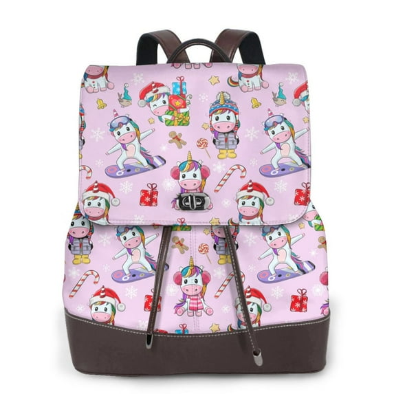 Gaeub Christmas Unicorns Print Women's Leather Backpack,Travel Laptop Backpack,Fashion Ladies Leather Backpack Bag for Travel,Leather Drawstring Daypack for Me