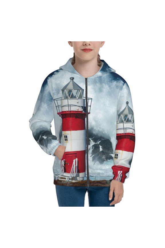 Circular Lighthouse Teenage Zipper Hoodie, Long Sleeve Zip Up Hoodies Casual Jackets Tops for 7-12 Years-Medium