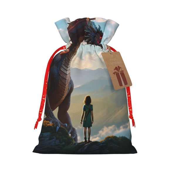 Naloa Clear Sky Mountain Red Dragon Drawstring Christmas Bags, 3D Xmas Gift Bags, Christmas Wrapping Bags, Xmas Goodie Bags, Treat Pouch Bags, Party Favor Bags-Medium
