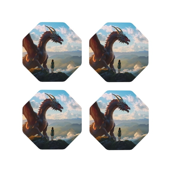 Naloa Clear Sky Mountain Red Dragon Leather Coasters for Drinks, Durable Drink Coasters 4 Set for Tabletop Protection, Luxurious Home Décor and Housewarming Gift ( {designName})Octagon