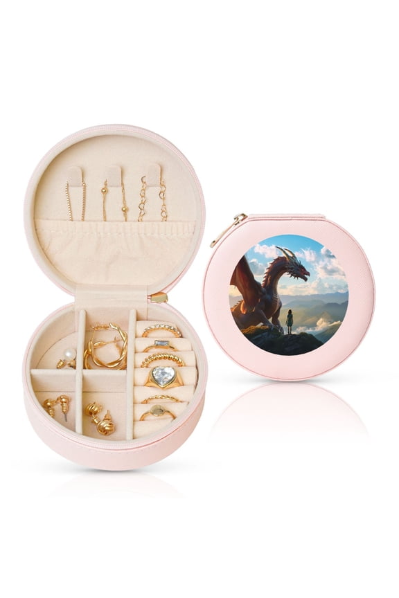 Clear Sky Mountain Red Dragon Round Jewelry Box, Travel Jewelry Organizer, 3.9 x 3.9 x 2in Jewelry Storage Box for Women-Pink