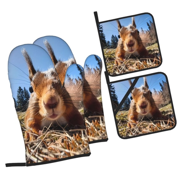 Naloa Close-Up Curious Squirrel Oven Mitts and Pot Holders 4 pcs Set, Cooking Baking Grilling Kitchen Oven Glove for Cooking