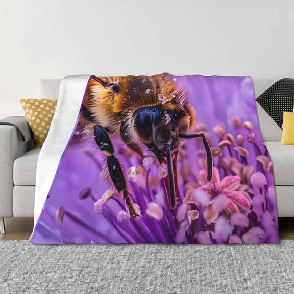 Naloa Closeup Honeybee on Flower Flannel Fleece Throw Blanket for Bed Couch, Thick Blanket - All Seasons Suitable for Women, Men and Kids-60"x50"