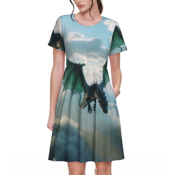 Naloa Cloud Sky Green Dragon Print Womens Summer A-Line Dress with Pockets,Short Sleeve Dresses,Flowy Beach Swing Dress for Vacation Travel