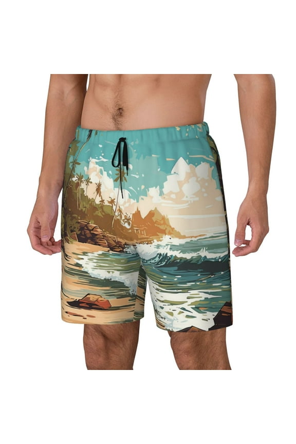 Coastal Palm Beach Print Men Swim Trunks with Compression Liner ,Board Shorts,Men's Swim Shorts with Drawstring and Elastic Waistband-Small