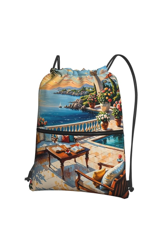 Coastal Style Garden Villa Drawstring Backpack String Bag Cinch Water Resistant for Gym Shopping Sport Yoga