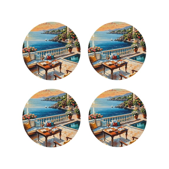 Naloa Coastal Style Garden Villa Leather Coasters for Drinks, Durable Drink Coasters 4 Set for Tabletop Protection, Luxurious Home Décor and Housewarming Gift ( {designName})Round Shape