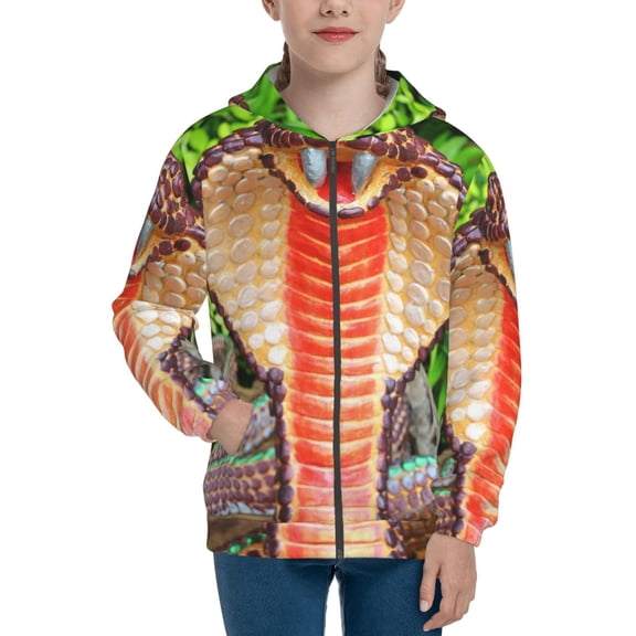Naloa Cobra Snake Teenage Zipper Hoodie, Long Sleeve Zip Up Hoodies Casual Jackets Tops for 7-12 Years-Medium