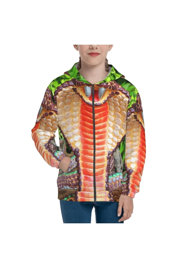 Cobra Snake Teenage Zipper Hoodie, Long Sleeve Zip Up Hoodies Casual Jackets Tops for 7-12 Years-Medium