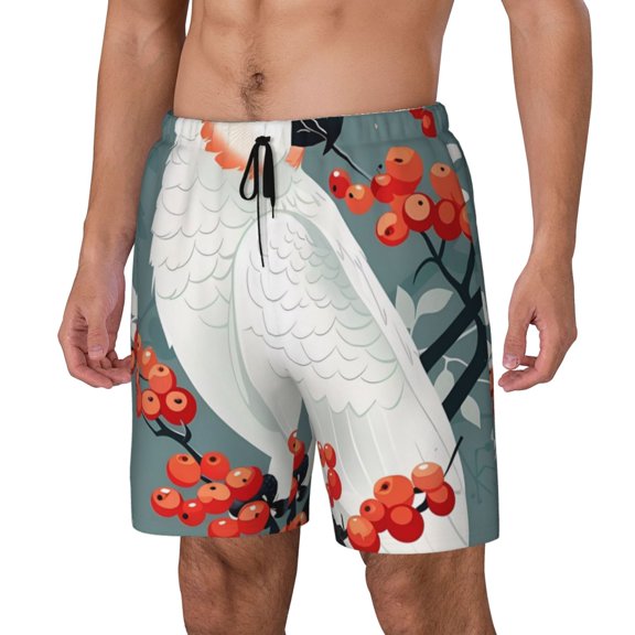 Naloa Cockatoo Red Berries Print Men Swim Trunks with Compression Liner ,Board Shorts,Men's Swim Shorts with Drawstring and Elastic Waistband-Large