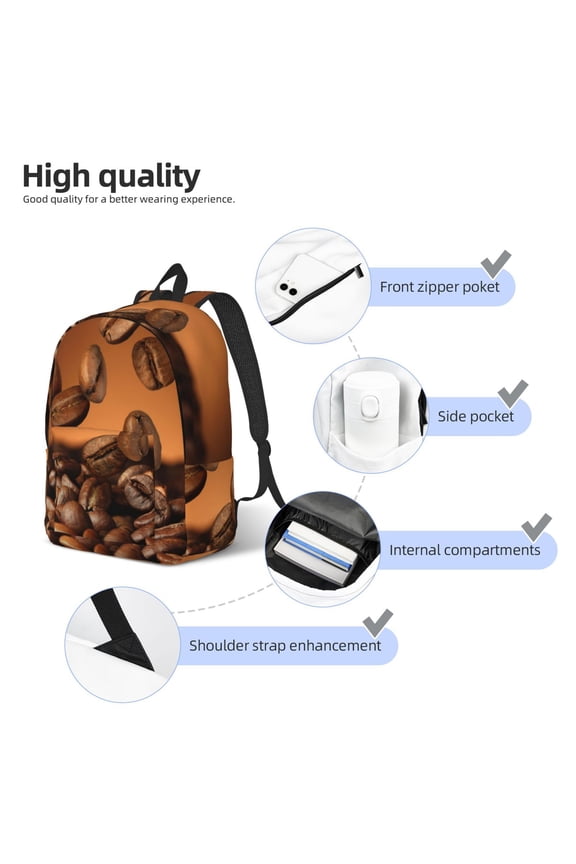Coffee Beans Print Durable Canvas College Rucksack,Laptop Excursion Backpack,Travel Notebook School Backpack,Bookbag For Men Women