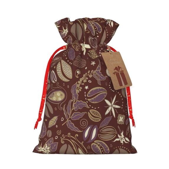 Naloa Coffee and Flowers Drawstring Christmas Bags, 3D Xmas Gift Bags, Christmas Wrapping Bags, Xmas Goodie Bags, Treat Pouch Bags, Party Favor Bags-Medium