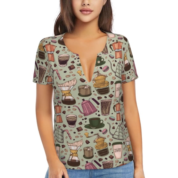 Naloa Coffee Makers Macaroons Chocolate Print T-Shirts Short Sleeve V Neck Tees for Women Fashion Tops Trendy Lightweight Soft Casual Summer Outfits Clothes