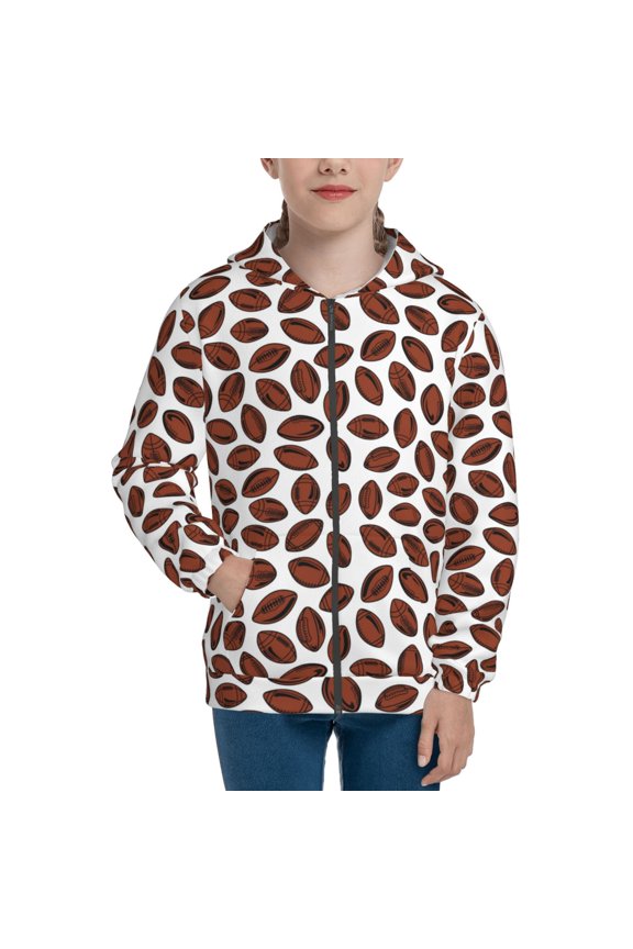 Coffee Rugby Teenage Zipper Hoodie, Long Sleeve Zip Up Hoodies Casual Jackets Tops for 7-12 Years-Medium