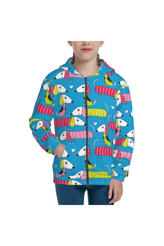 Color Dachshund Dog Teenage Zipper Hoodie, Long Sleeve Zip Up Hoodies Casual Jackets Tops for 7-12 Years-Small