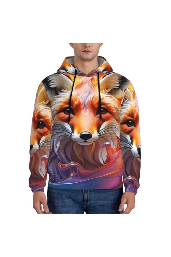 Color Splash Fox Portrait Men's Casual Hooded Collar Drawstring Hoodies Pullover Sweatshirts Casual Long Sleeve Shirts-3X-Large