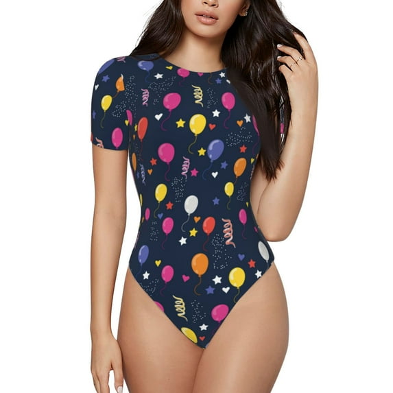 Naloa Colored Balloons Women's Short-Sleeved Onesie, One-Piece Swimsuit for Parties, dates, clubs - Small