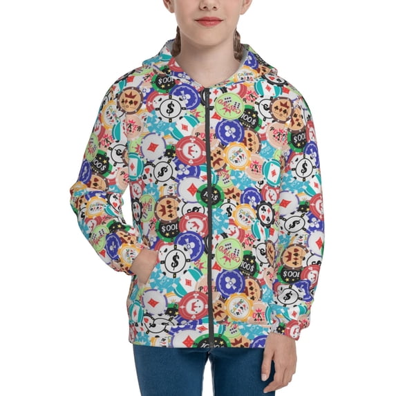 Naloa Colored Casino Chips Teenage Zipper Hoodie, Long Sleeve Zip Up Hoodies Casual Jackets Tops for 7-12 Years-Medium
