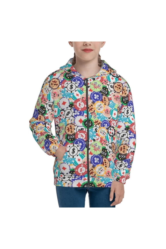 Colored Casino Chips Teenage Zipper Hoodie, Long Sleeve Zip Up Hoodies Casual Jackets Tops for 7-12 Years-Small