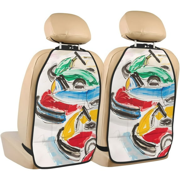Naloa Colorful Abstract Bumper Cars 2Pcs Anti-Kick Back Seat Cover Kick Mat, Car Seat Protector with 3 Storage Pockets
