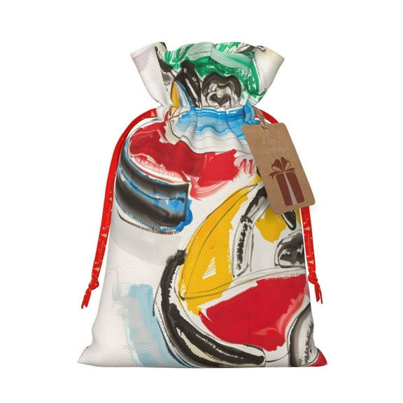 Naloa Colorful Abstract Bumper Cars Drawstring Christmas Bags, 3D Xmas Gift Bags, Christmas Wrapping Bags, Xmas Goodie Bags, Treat Pouch Bags, Party Favor Bags-Medium