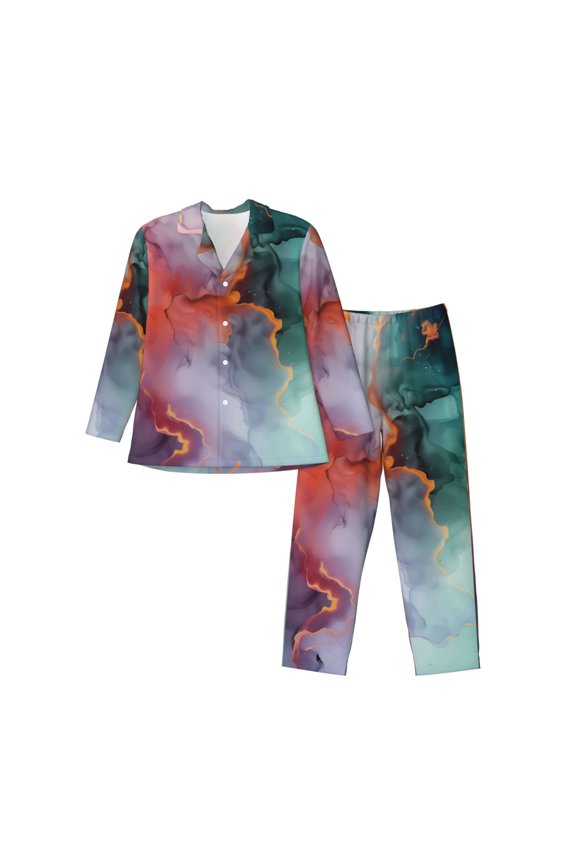 Colorful Abstract Waves Men’s Pajamas Set - Long Sleeve Button Down Sleep Shirt and Pajama Bottoms Sleepwear Set-Small