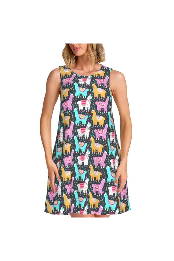 Colorful Alpaca Print Women's Summer Spring Casual Beach Sundress,Vacation Sleeveless Tank Crewneck Loose Dresses