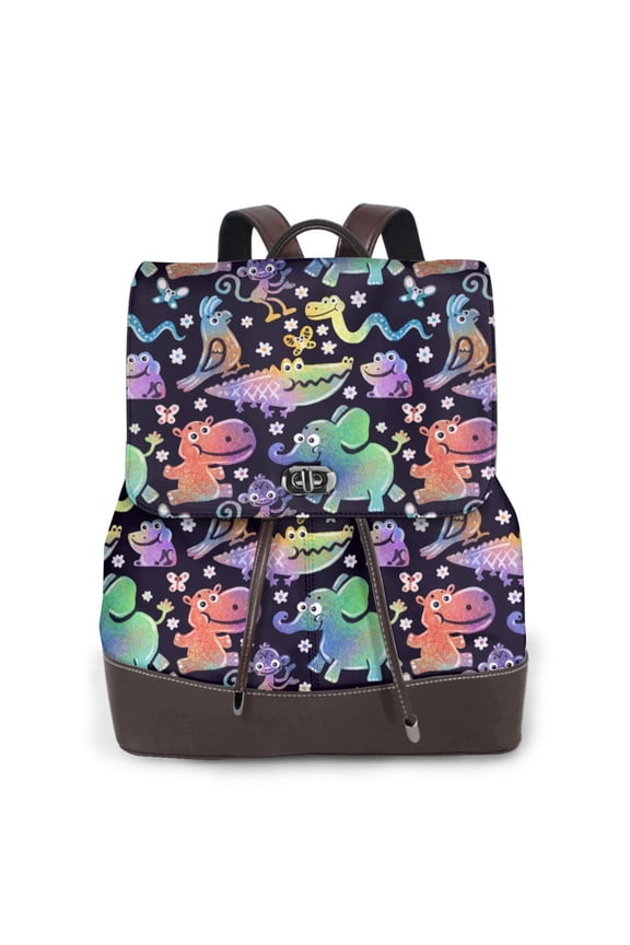 Colorful Animals Print Women's Leather Backpack,Travel Laptop Backpack,Fashion Ladies Leather Backpack Bag for Travel,Leather Drawstring Daypack for Me