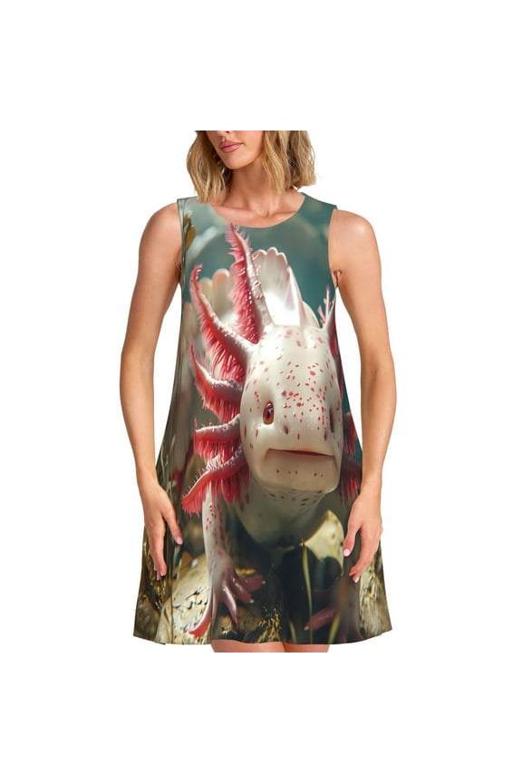 Colorful Axolotl Underwater Print Women's Summer Spring Casual Beach Sundress,Vacation Sleeveless Tank Crewneck Loose Dresses