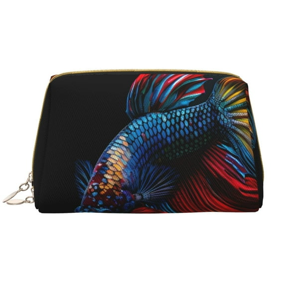 Naloa Colorful Betta Fish Leather Makeup Bag for Purse Travel, Portable Small Cosmetic Organizer for Women and Girls, Make up Bag with Zipper